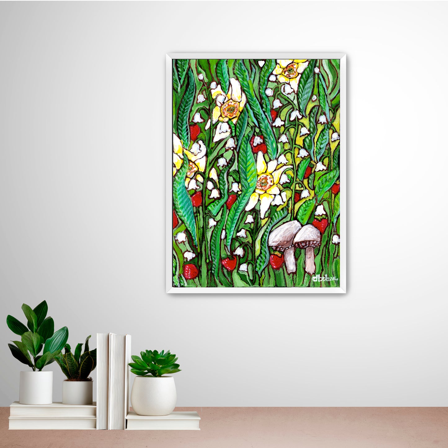 A painting of a summer field with daffodils, Lilly of the valley flowers, strawberries and mushrooms