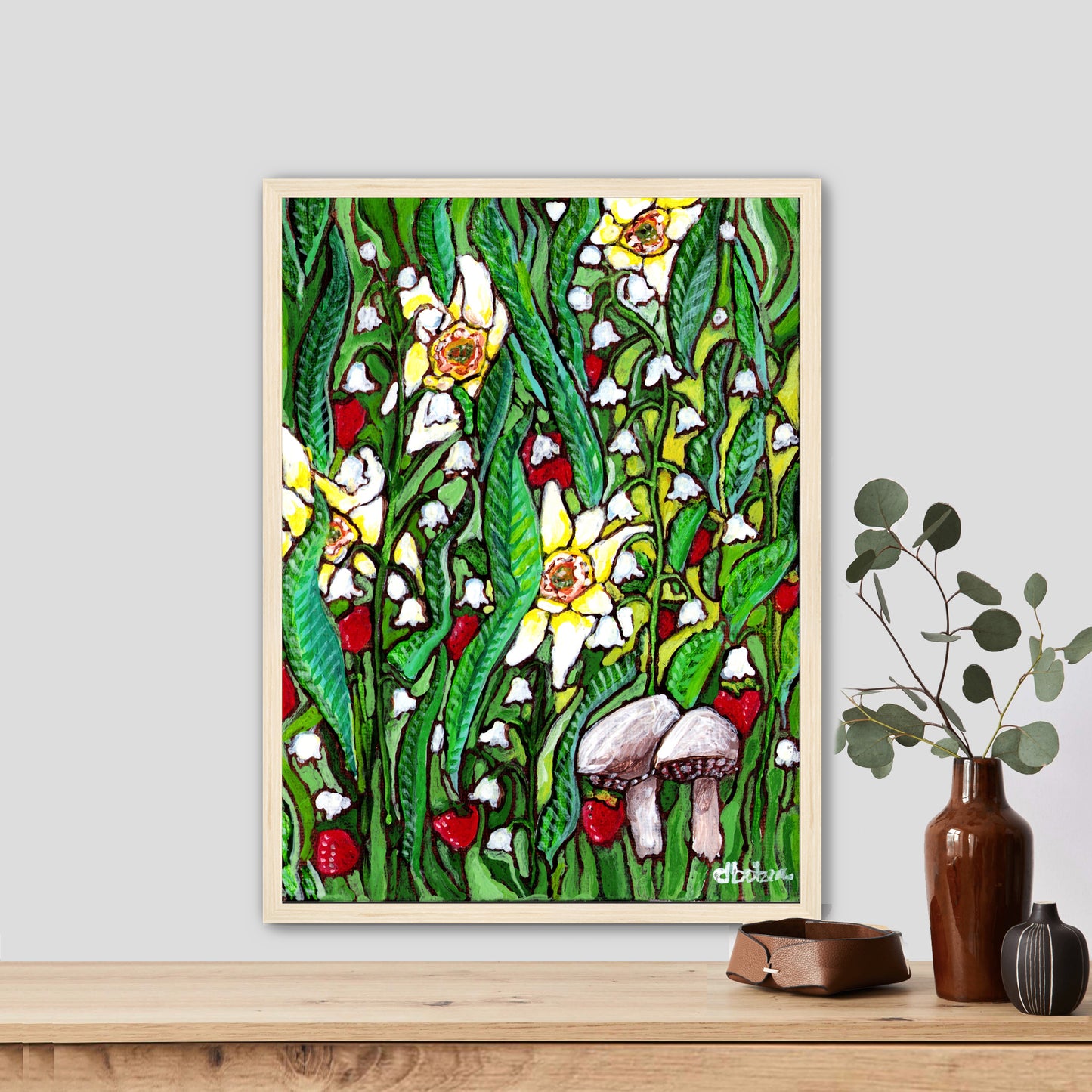 A painting of a summer field with daffodils, Lilly of the valley flowers, strawberries and mushrooms
