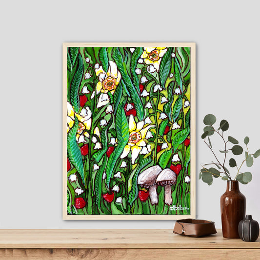 A painting of a summer field with daffodils, Lilly of the valley flowers, strawberries and mushrooms