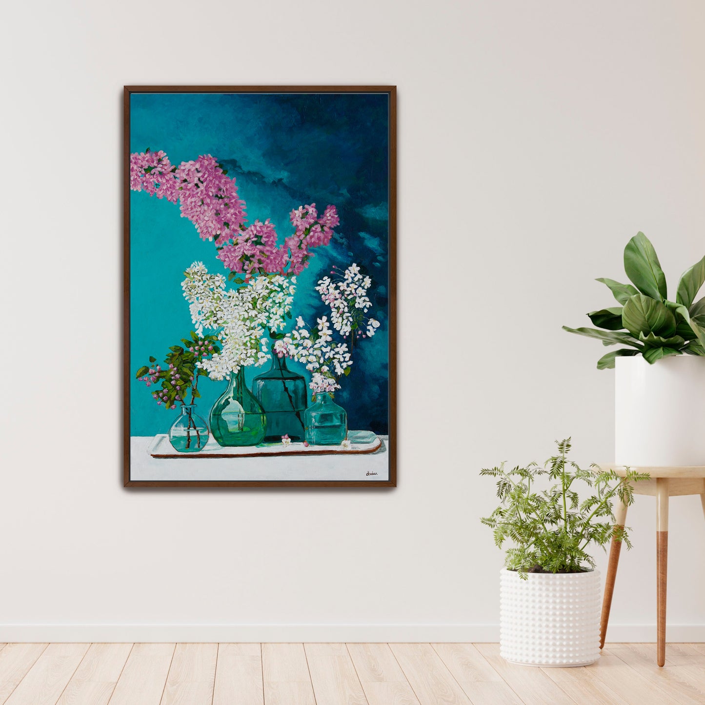 A still life painting of lilacs in blue and green glass bottles.