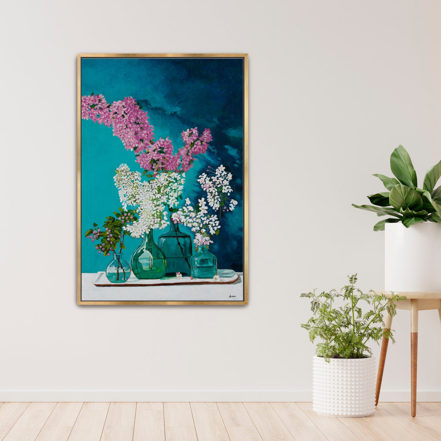 A still life painting of lilacs in blue and green glass bottles.
