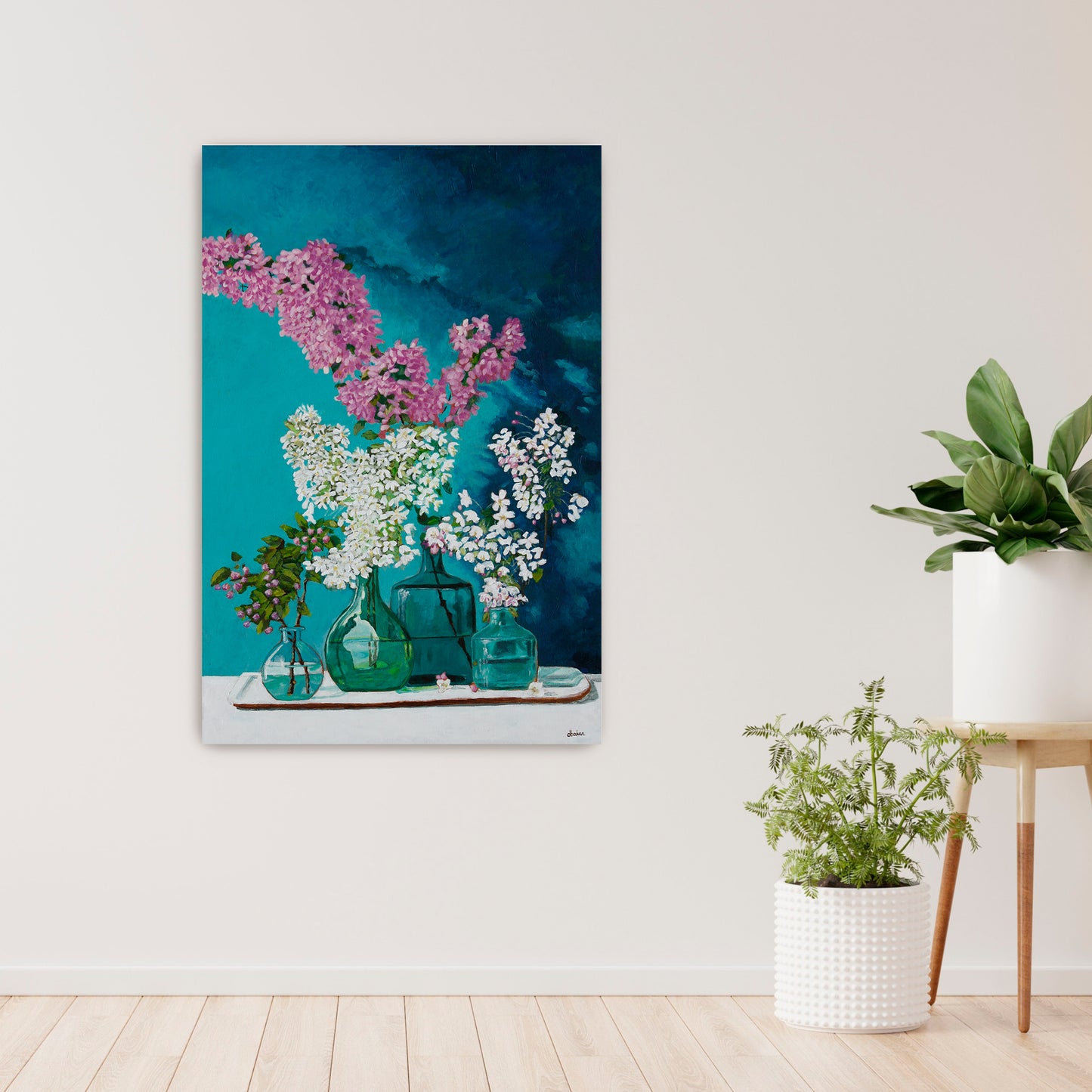 A still life painting of lilacs in blue and green glass bottles.