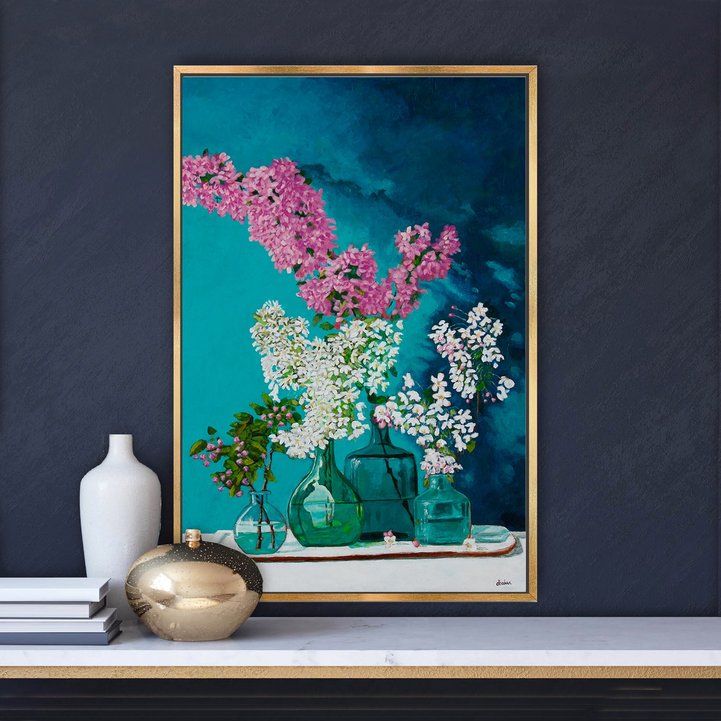 A still life painting of lilacs in blue and green glass bottles.
