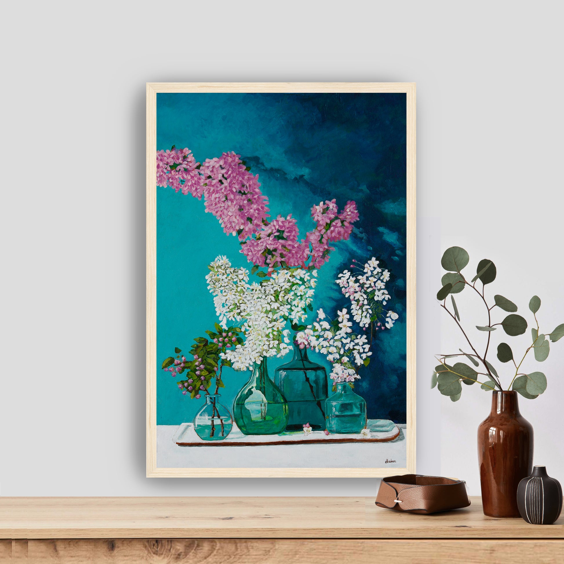 A still life painting of lilacs in blue and green glass bottles.