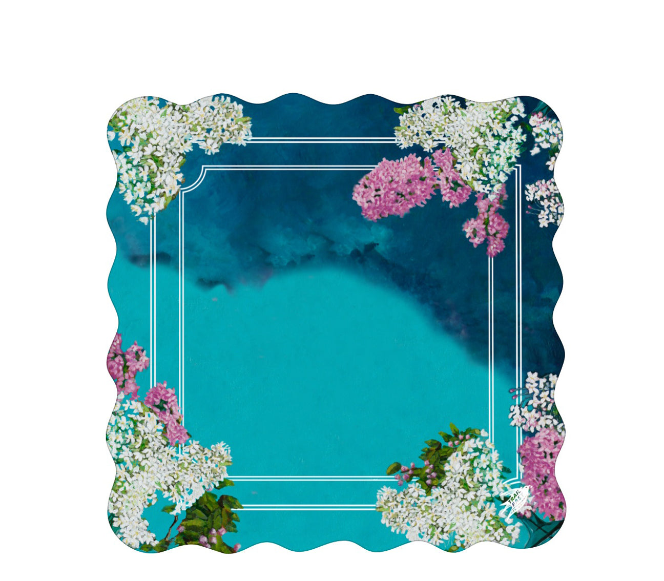 A mahjong mat featuring an original painting of a still life painting of lilacs in blue and green glass bottles.