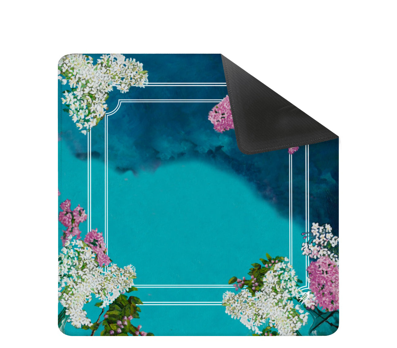 A mahjong mat featuring an original painting of a still life painting of lilacs in blue and green glass bottles.