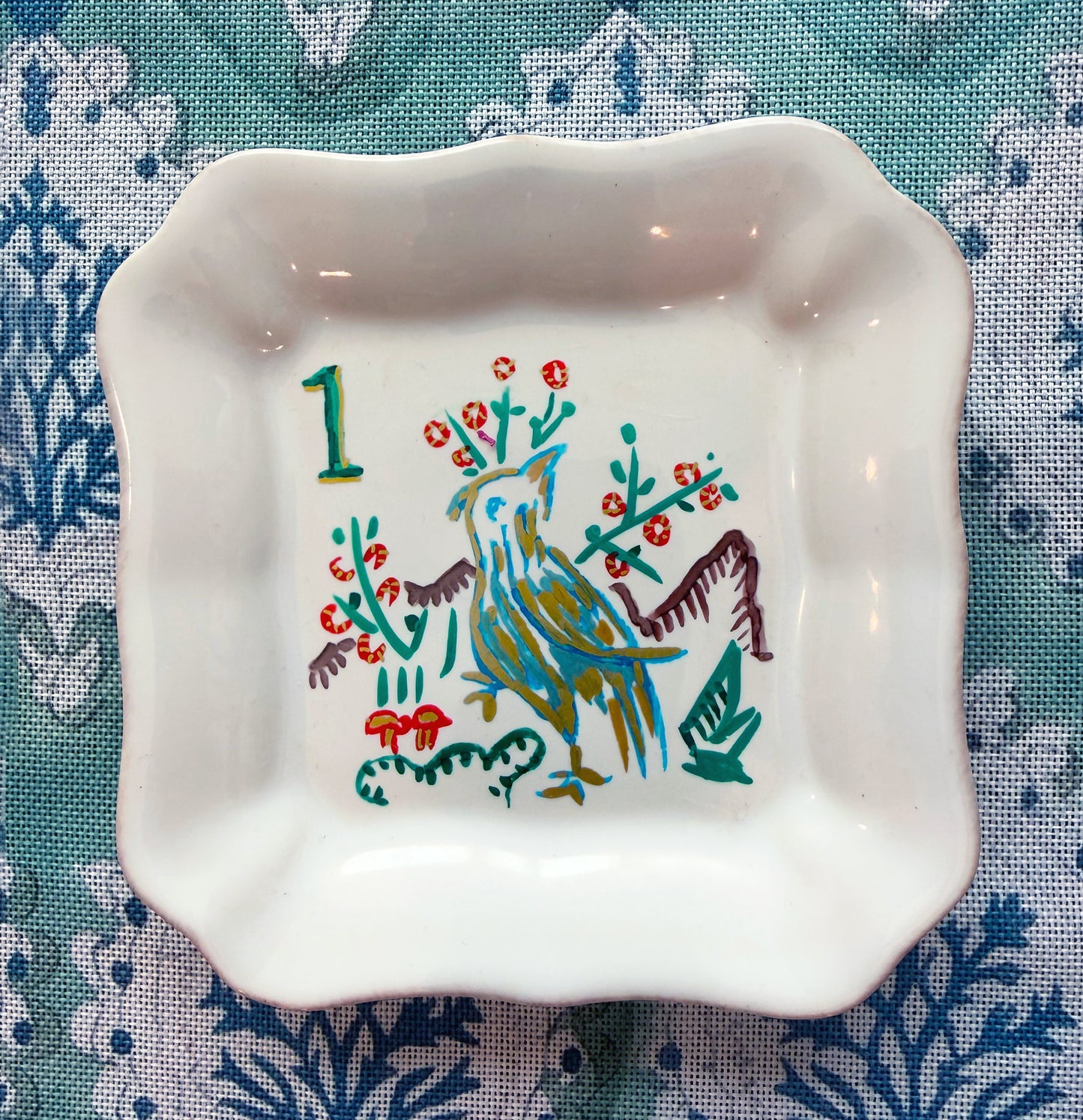 A bird bam mahjong trinket tray. Each one-of-a-kind trinket tray is lovingly hand-painted by Deb Baker of Trail East Studio.