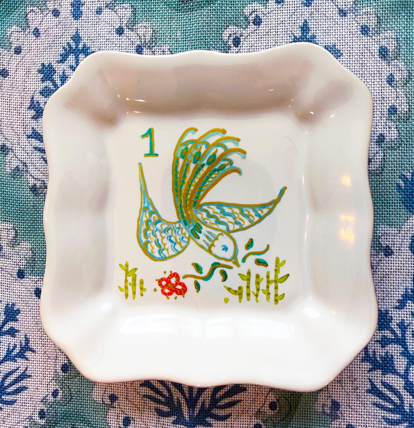 A bird bam mahjong trinket tray. Each one-of-a-kind trinket tray is lovingly hand-painted by Deb Baker of Trail East Studio.