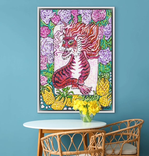 A painting of a red dragon mahjong tile surrounded by flowers and pineapples. 