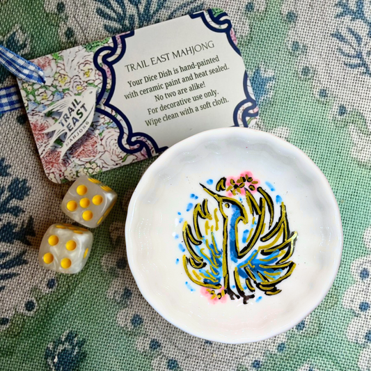 A handprinted Mahjong Dice Dish with a Heron from Trail East Studio in Ada MI