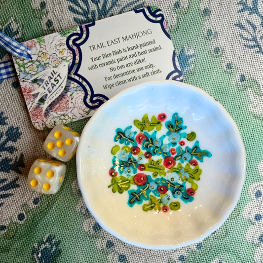 A hand painted mahjong dice dish featuring Holly Berries from Trail East Studio in Ada Michigan