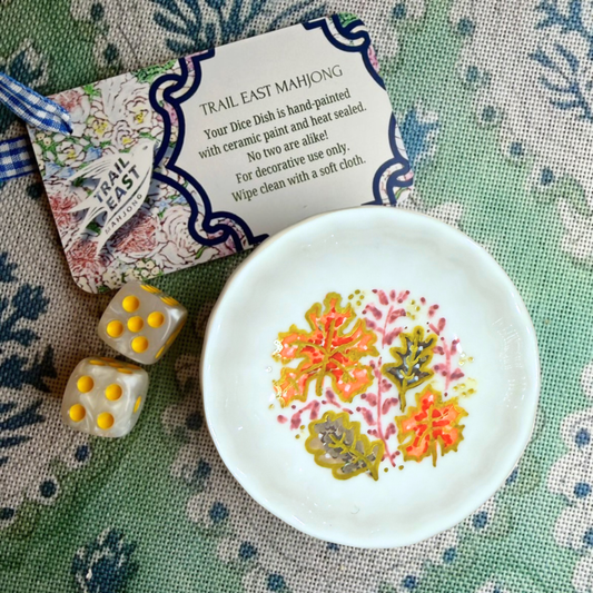 A hand painted mahjong dice dish featuring Fall Leaves from Trail East Studio in Ada Michigan