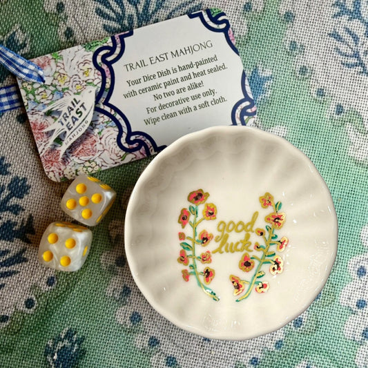 A hand painted Mahjong Dice Dish with vintage flower motif from Trail East Studio. The perfect hostess gift.