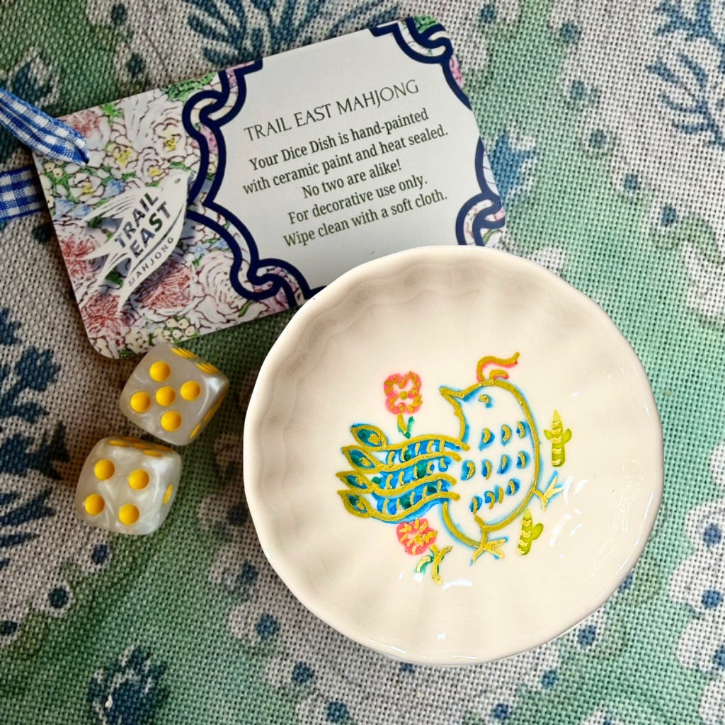 A hand painted Mahjong Dice Dish with vintage bird bam motif. The perfect hostess gift.