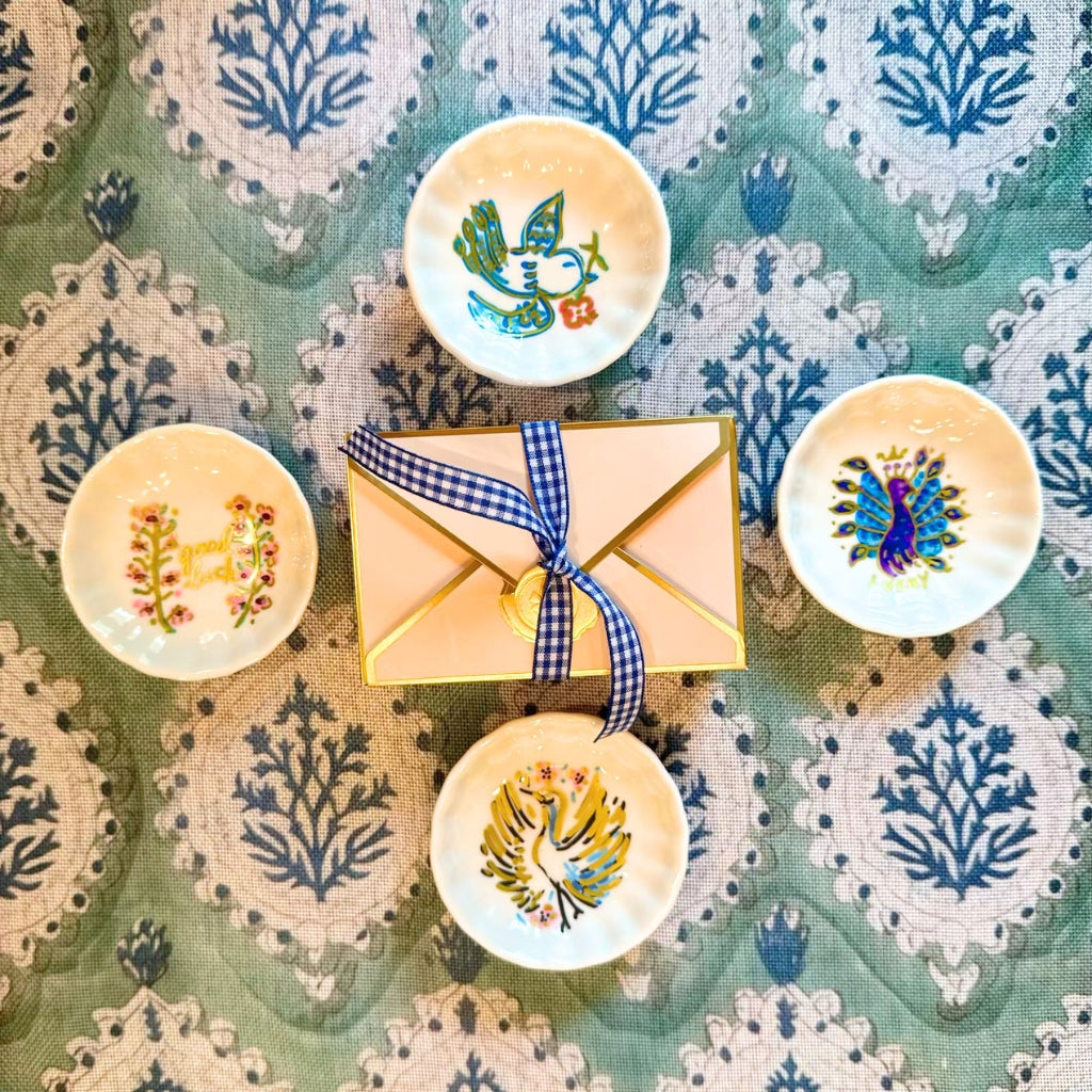 A hand painted Mahjong Dice Dish with vintage bird bam motif. The perfect hostess gift.