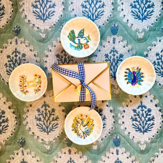 A hand painted Mahjong Dice Dish with vintage bird bam motif. The perfect hostess gift.