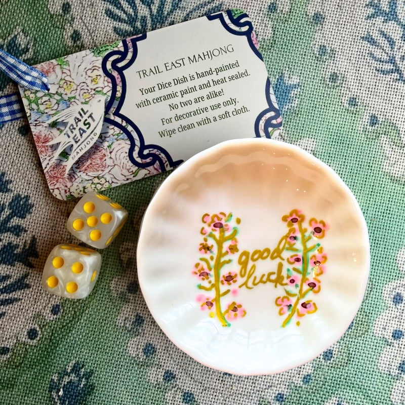 A hand painted Mahjong Dice Dish with vintage flower motif from Trail East Studio. The perfect hostess gift.