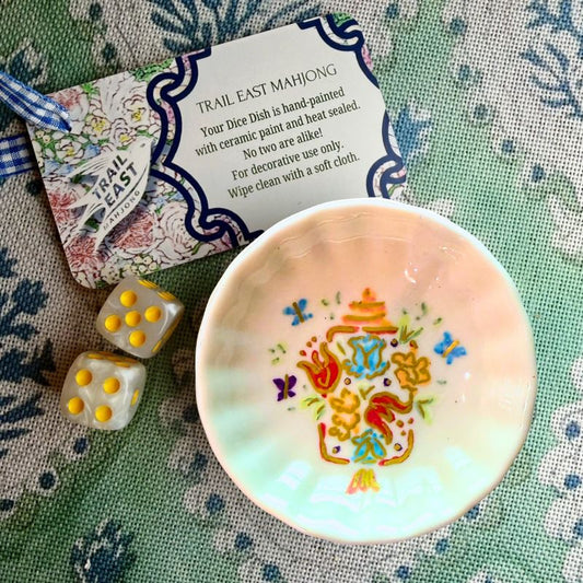 A hand painted dice dish from Trail East Studio featuring a lantern with flowers and butterflies