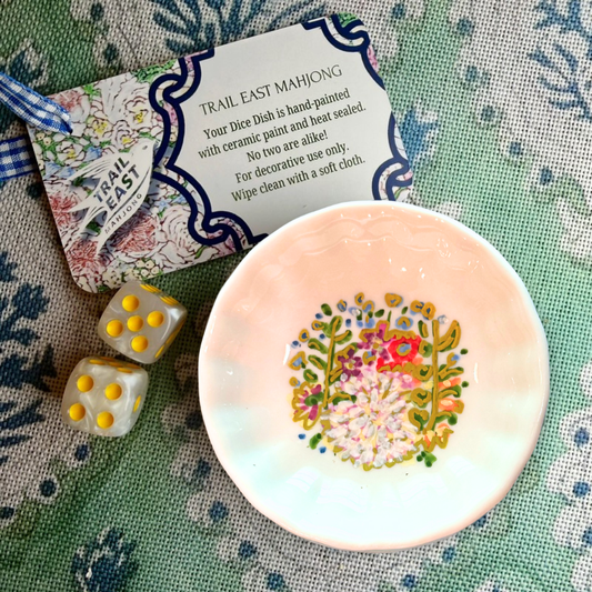 A hand painted Mahong Dice Dish featuring Dahlias and  wildflowers from Trail East Studio in Ada MI