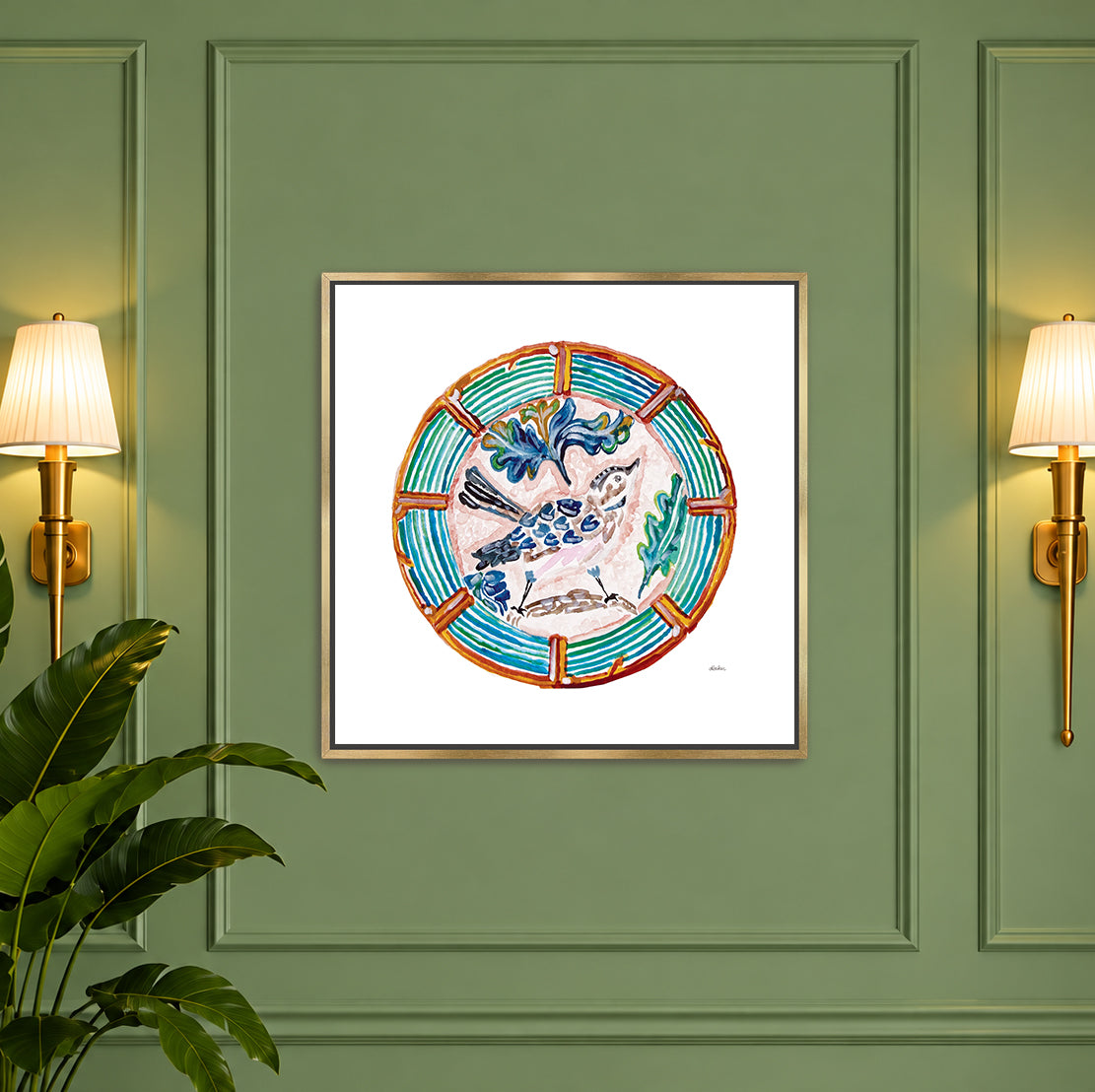 The Pretty Plate Series of paintings by Deb Baker at Trail  East Studio In Ada Michigan featuring antique bird plates with a bluebird, wren, blackbirds, and a hummingbird. The perfect art for a Mahjong Game  Room.