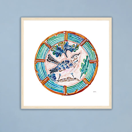 The Pretty Plate Series of paintings by Deb Baker at Trail  East Studio In Ada Michigan featuring antique bird plates with a bluebird, wren, blackbirds, and a hummingbird. The perfect art for a Mahjong Game  Room.