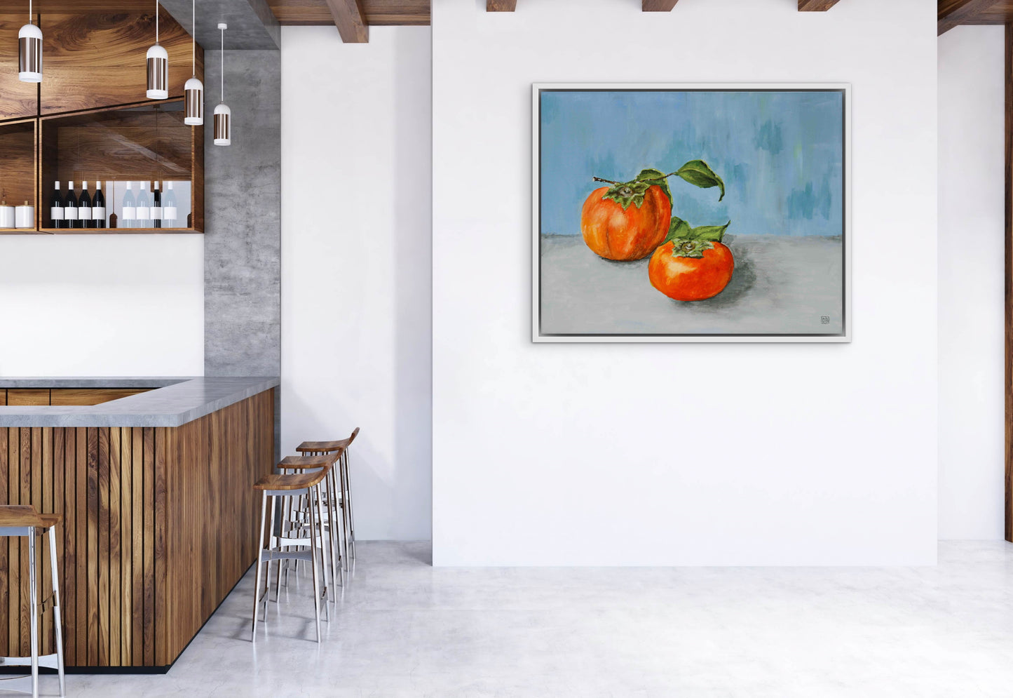 A beautiful  oil painting of two persimmons on a blue wall.