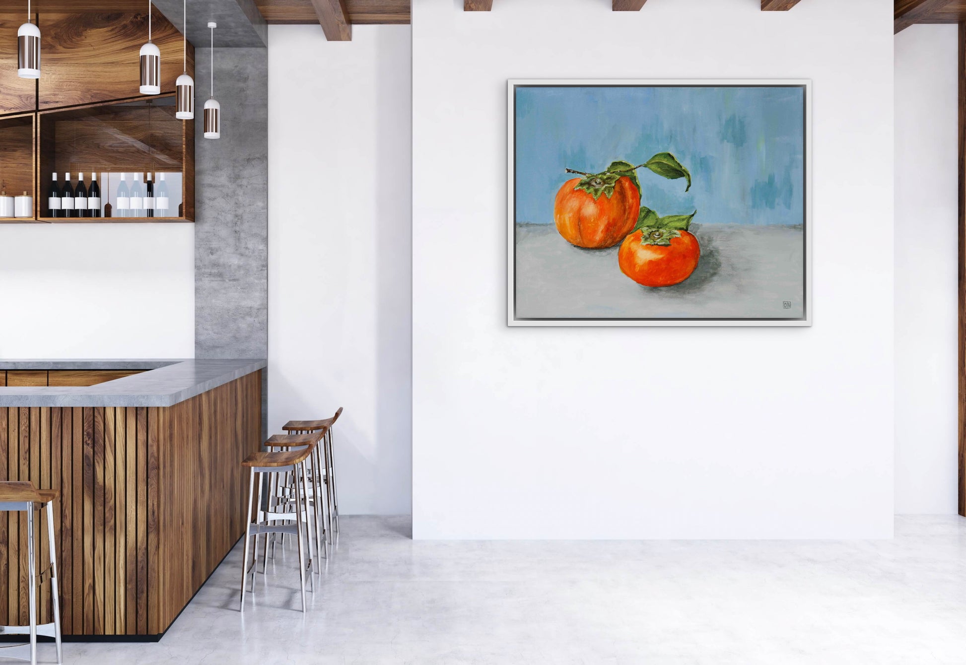 A beautiful  oil painting of two persimmons on a blue wall.