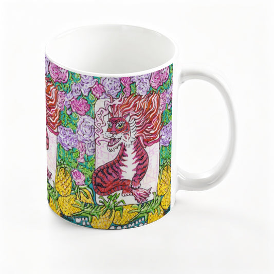 A mug with a Red Dragon Mahjong Tile from Trail East Studio
