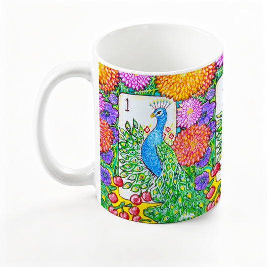 A Mahjong Themed Bird Bam Peacock Tile mug from Trail East Studio