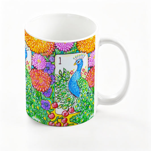 A Mahjong Themed Bird Bam Peacock Tile mug from Trail East Studio