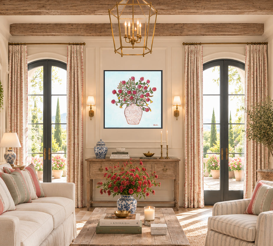 A print of an original painting by Deb Baker at Trail East Studio in Ada Michigan of a still life of Dahliias in a patterned vase. 