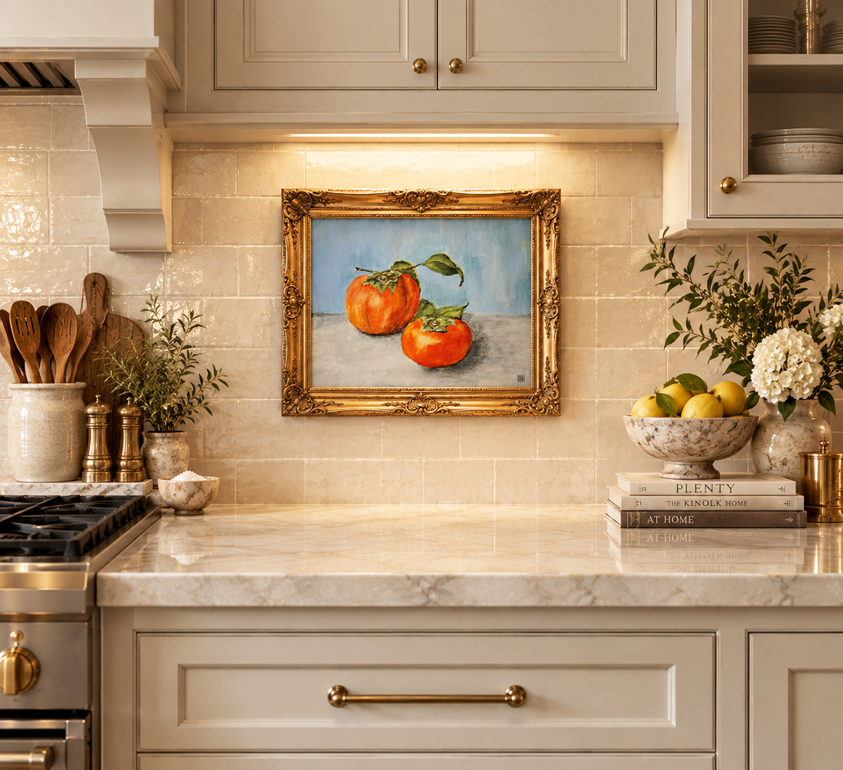An original painting of persimmons by Deb Baker of Trail  East Studio in Ada Michigan featuring two still life persimmons on a kitchen backslplash