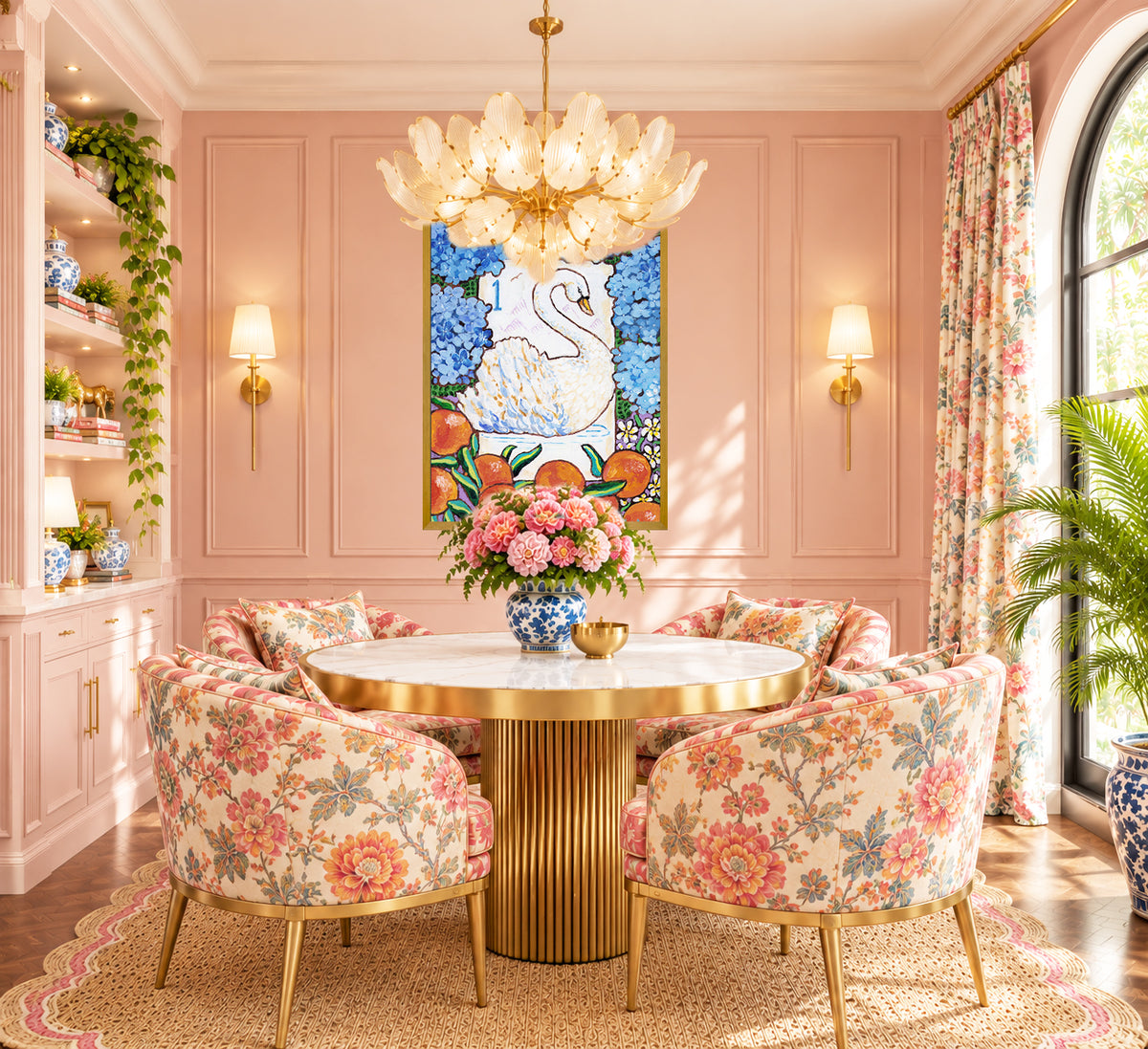 Framed artwork of a swan bird bam Mahjong tile among flowers and fruits on a wall with decorative books and plants below. This art is perfect for a Mahjong game room.