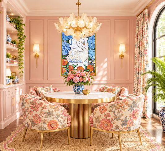 Framed artwork of a swan bird bam Mahjong tile among flowers and fruits on a wall with decorative books and plants below. This art is perfect for a Mahjong game room.