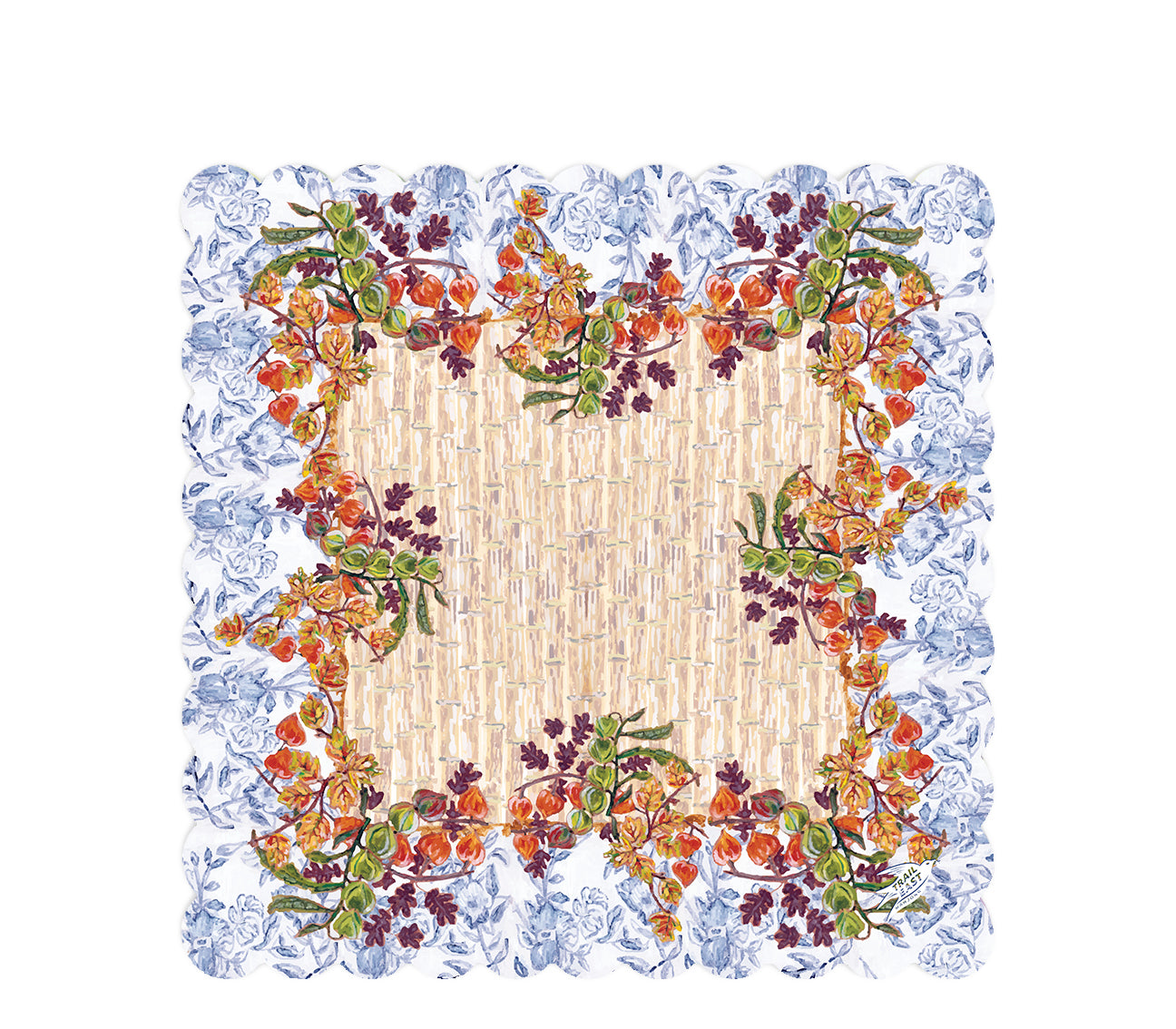 An original painting Mahjong mat from Trail East Studio in Ada Michigan featruing Fall foliage, lantern flowers and autumn leaves against a toile background.
