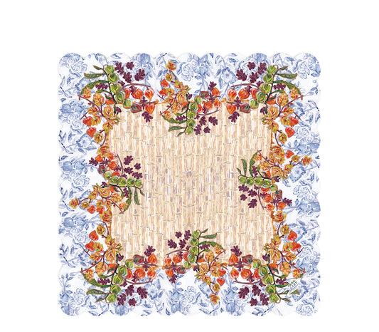 An original painting Mahjong mat from Trail East Studio in Ada Michigan featruing Fall foliage, lantern flowers and autumn leaves against a toile background.