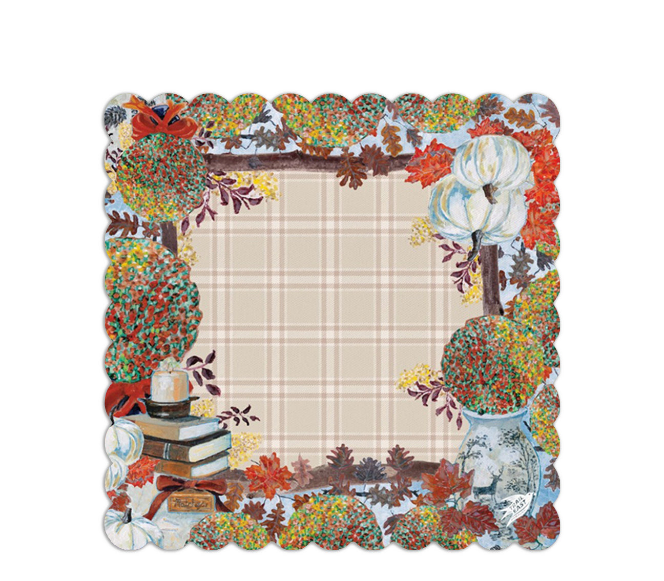 The Original Painting Cozy Fall Mahjong Mat by Trail East Studio. A colorful fall illustrations of pumpkins, leaves, mums, books and a lit candle.