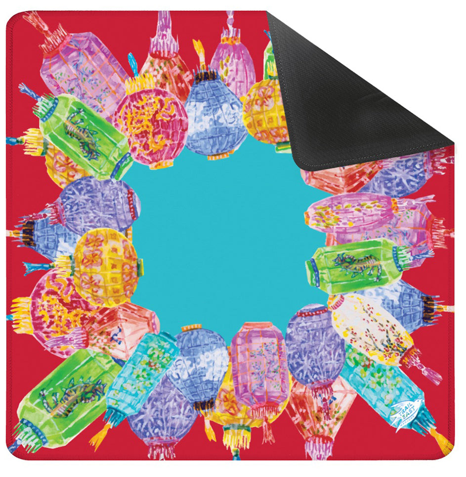 An original painting mahjong mat featuring vintage paper lanterns from Trail East Studio in Ada Michigan