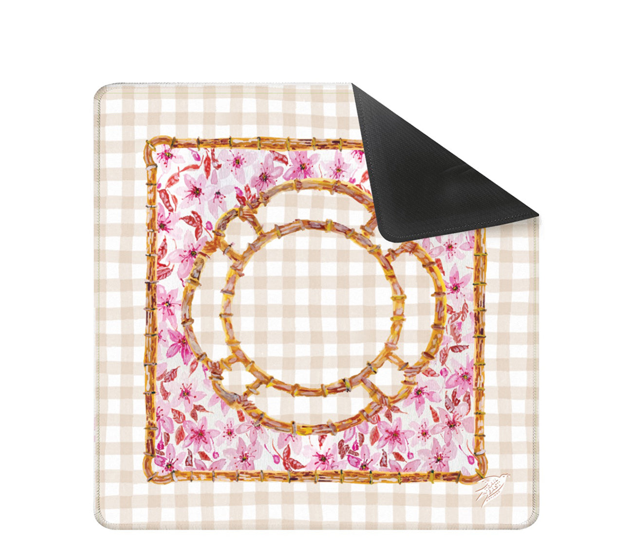 An original painting mahjong mat from Trail East Studio in Ada Michigan featuring cherry blossoms and a bamboo frame with a gingham background.