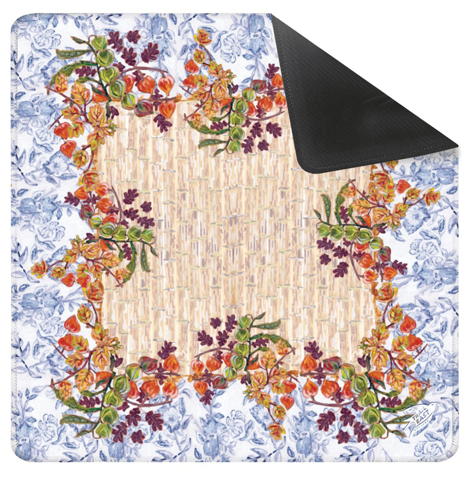 An original painting Mahjong mat from Trail East Studio in Ada Michigan featruing Fall foliage, lantern flowers and autumn leaves against a toile background.