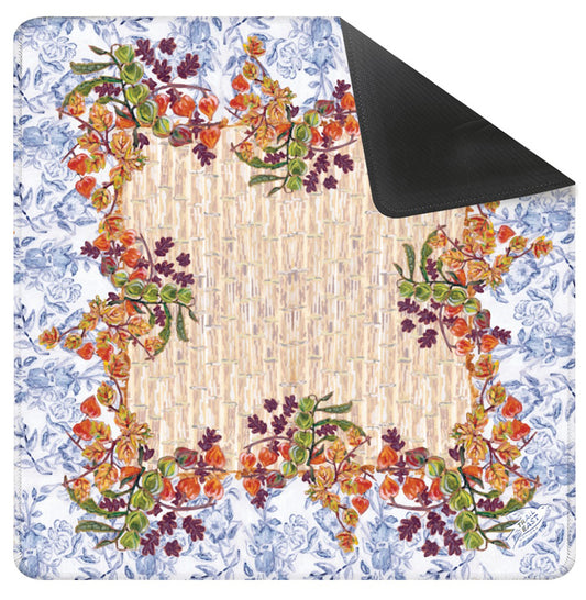 An original painting Mahjong mat from Trail East Studio in Ada Michigan featruing Fall foliage, lantern flowers and autumn leaves against a toile background.