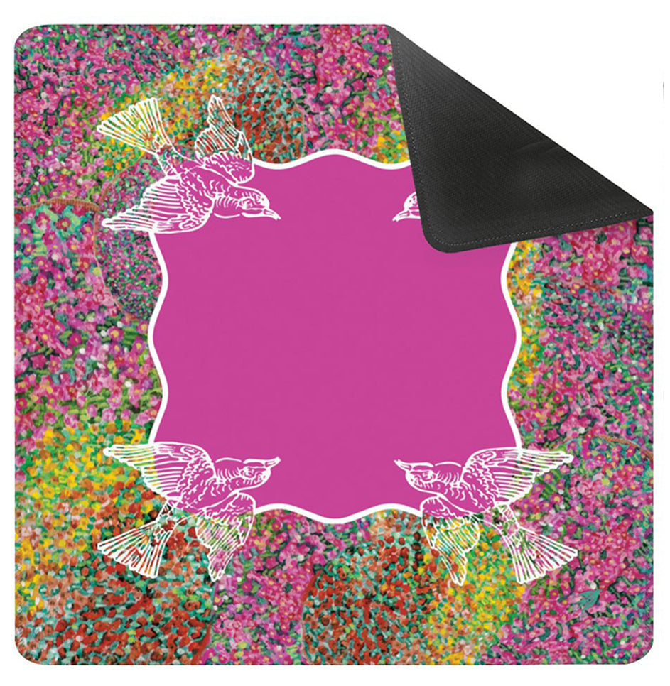 An Original Painting Birds In Flight Mahjong Mat featuring Linoleum Cut Birds printed on colorful mums.