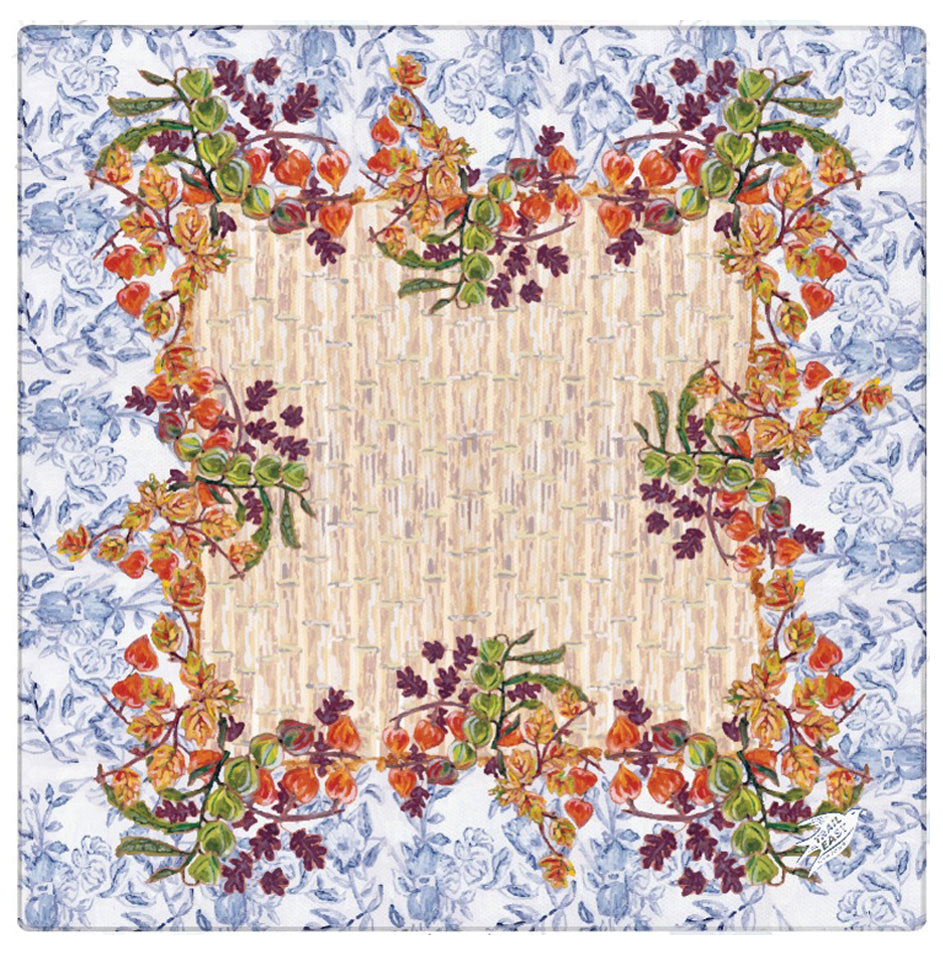 An original painting Mahjong mat from Trail East Studio in Ada Michigan featruing Fall foliage, lantern flowers and autumn leaves against a toile background.