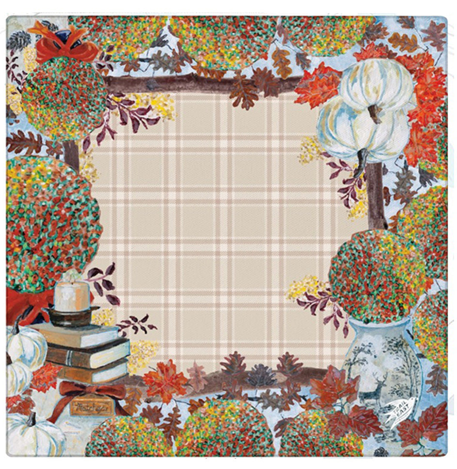 The Original Painting Cozy Fall Mahjong Mat by Trail East Studio. A colorful fall illustrations of pumpkins, leaves, mums, books and a lit candle.