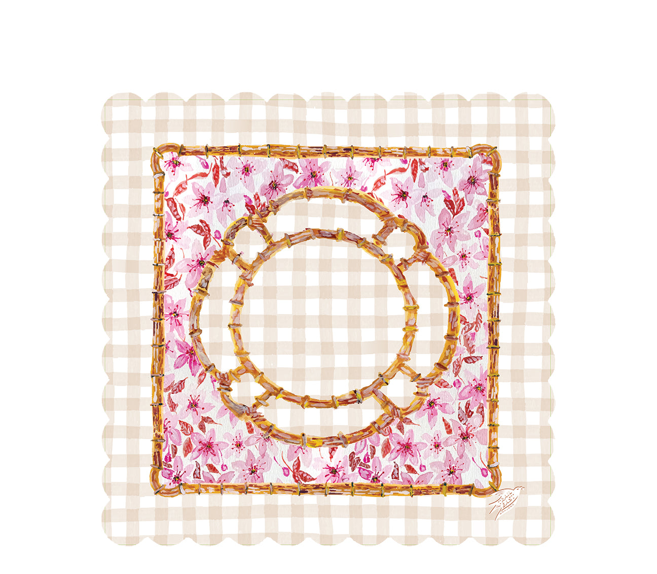 An original painting mahjong mat from Trail East Studio in Ada Michigan featuring cherry blossoms and a bamboo frame with a gingham background.